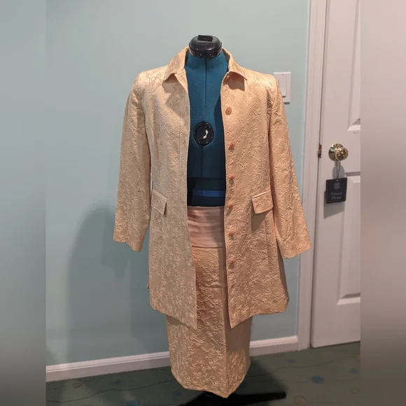 Gold embroidered Philippe Adec long coat suit size 4 jacket with 6 skirt.